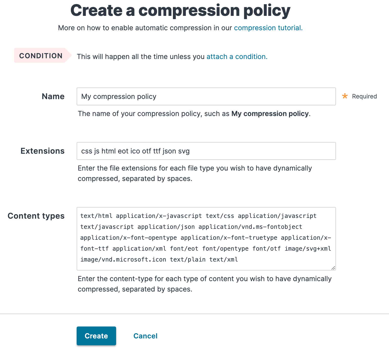 the create a compression policy fields that appear when clicking override these defaults