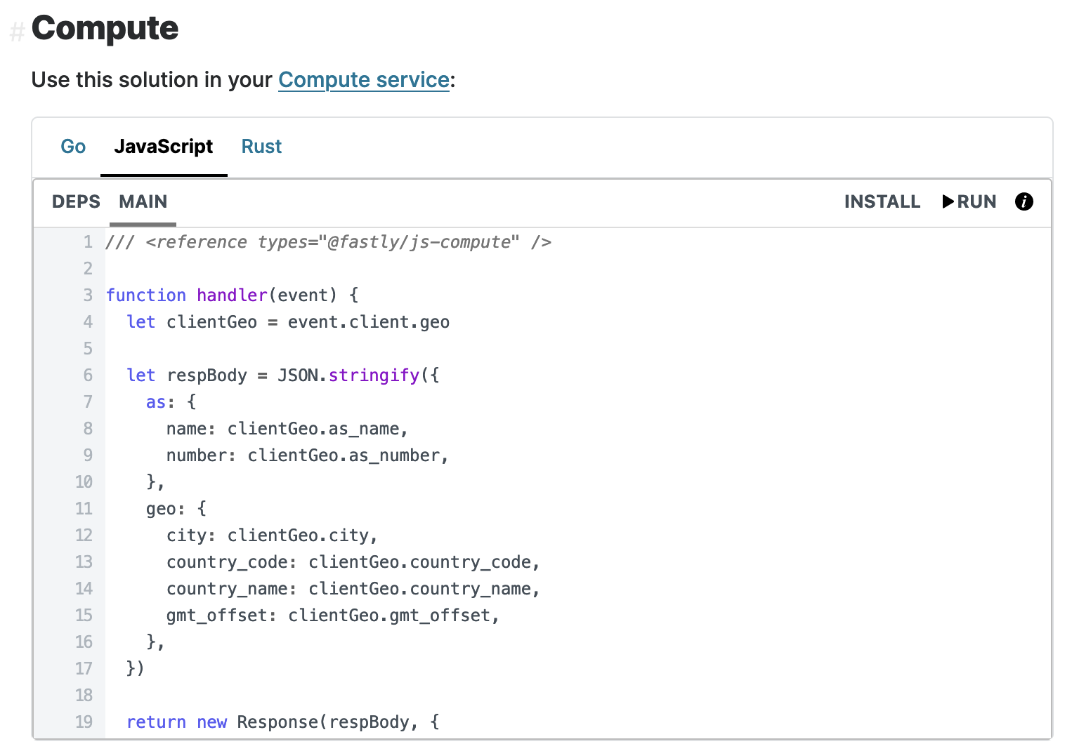 JavaScript code snippet in an embedded Fastly Fiddle