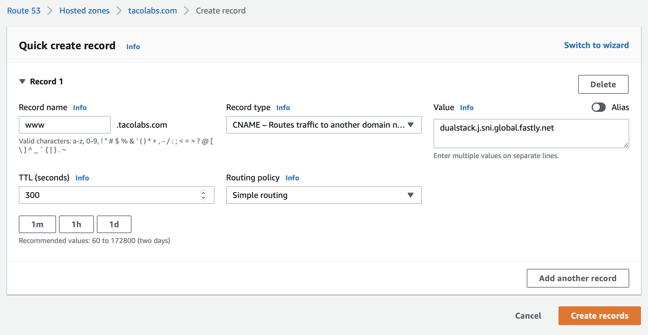 Creating the CNAME record in AWS Route 53