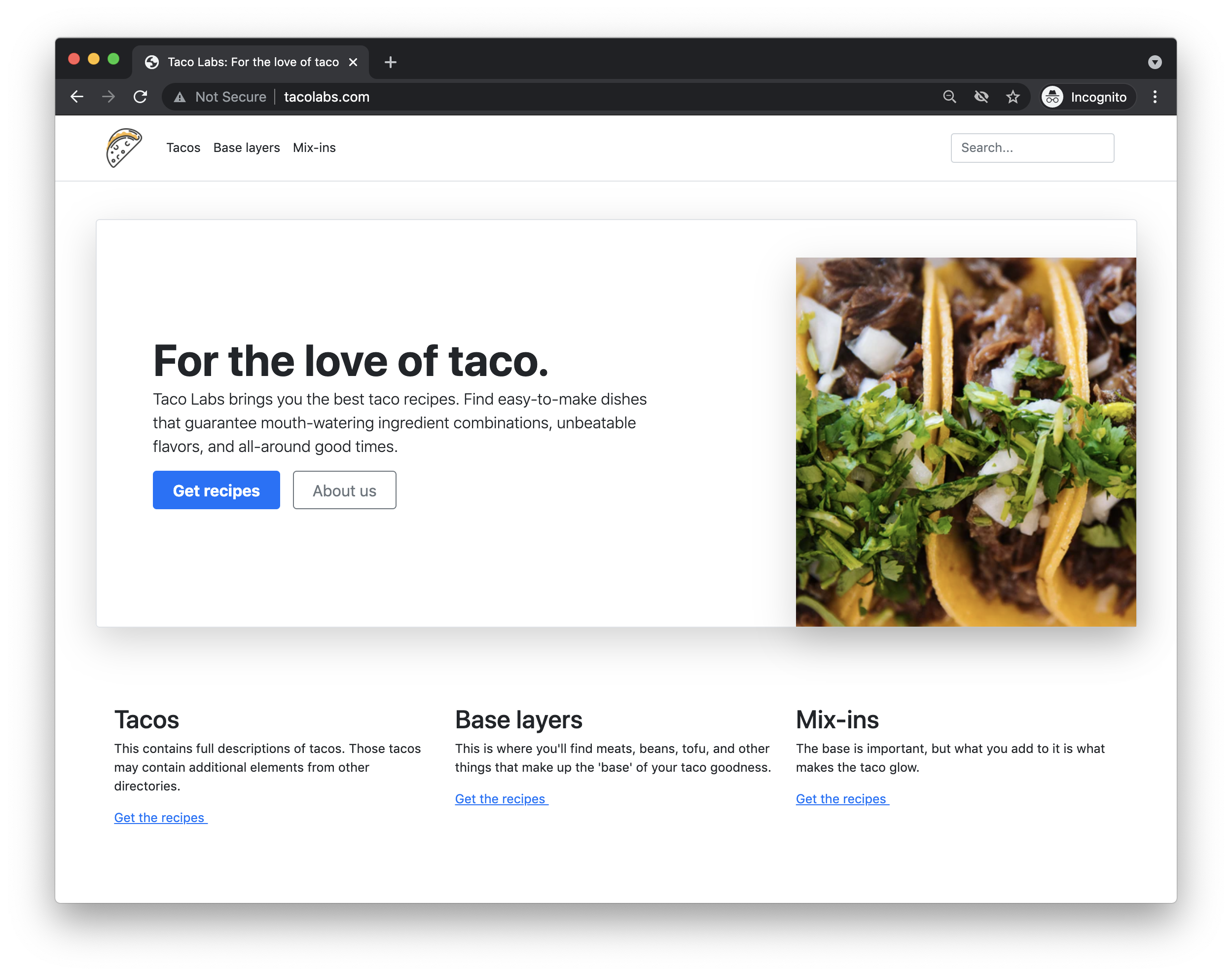 Taco Labs, our example website, hosted on Amazon S3
