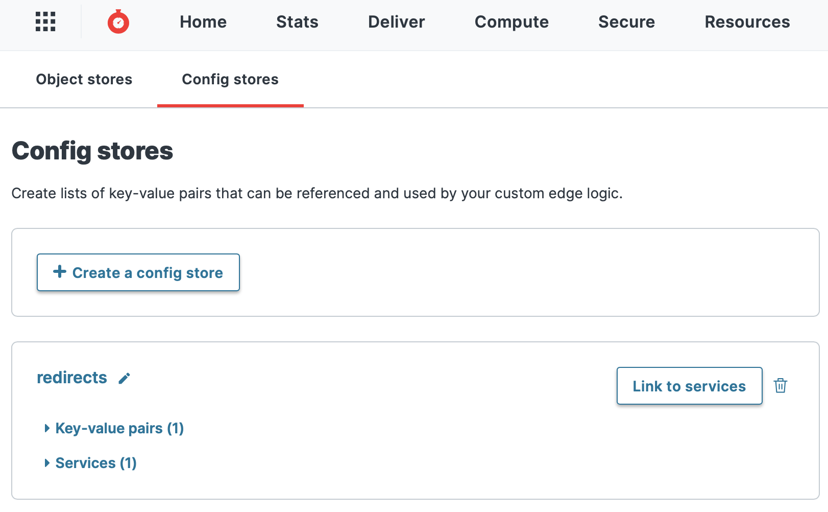 The redirects config store in the Fastly web interface