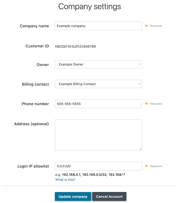 company settings area on the account settings page