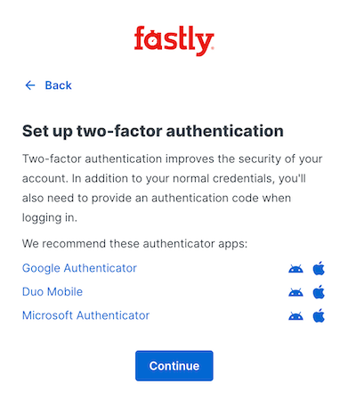 the 2fa setup screen with links to Google, Duo, and Microsoft authenticators