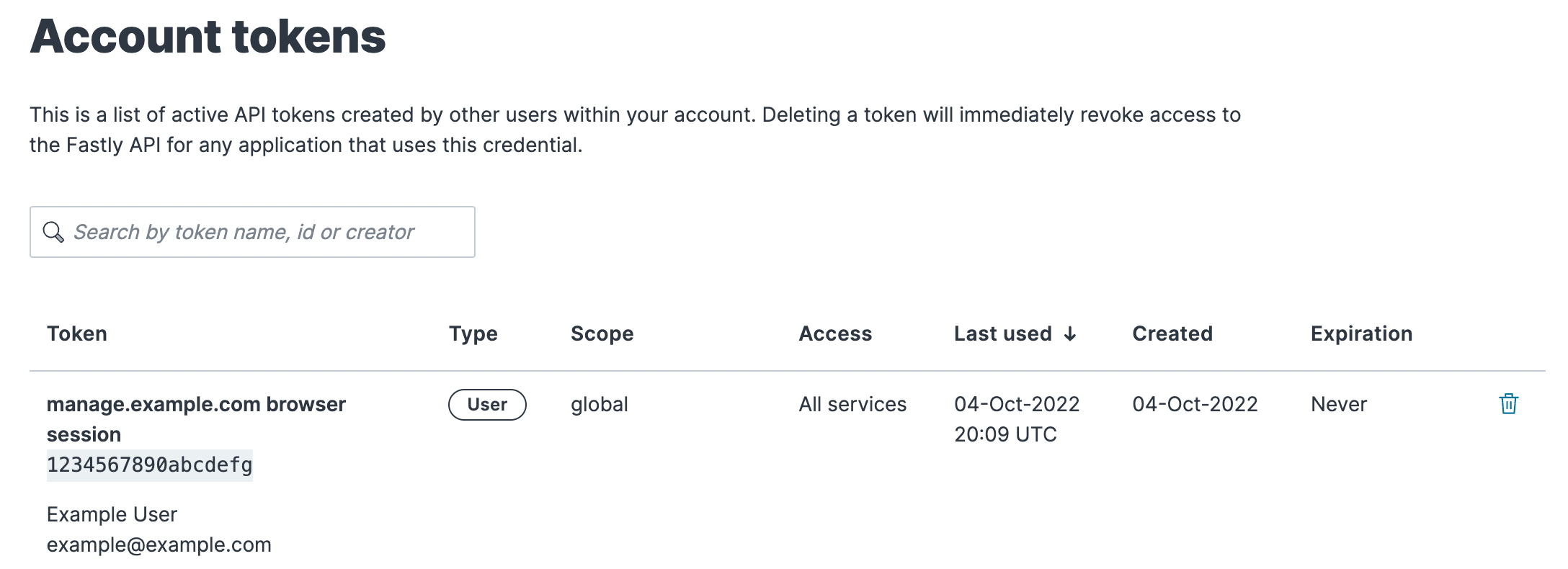 account token management page