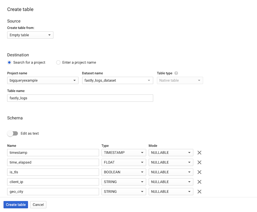 The BigQuery create table page