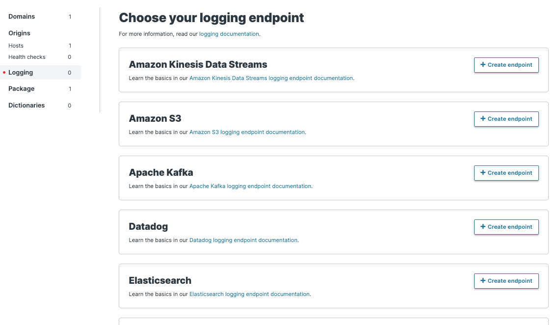 the logging endpoints page