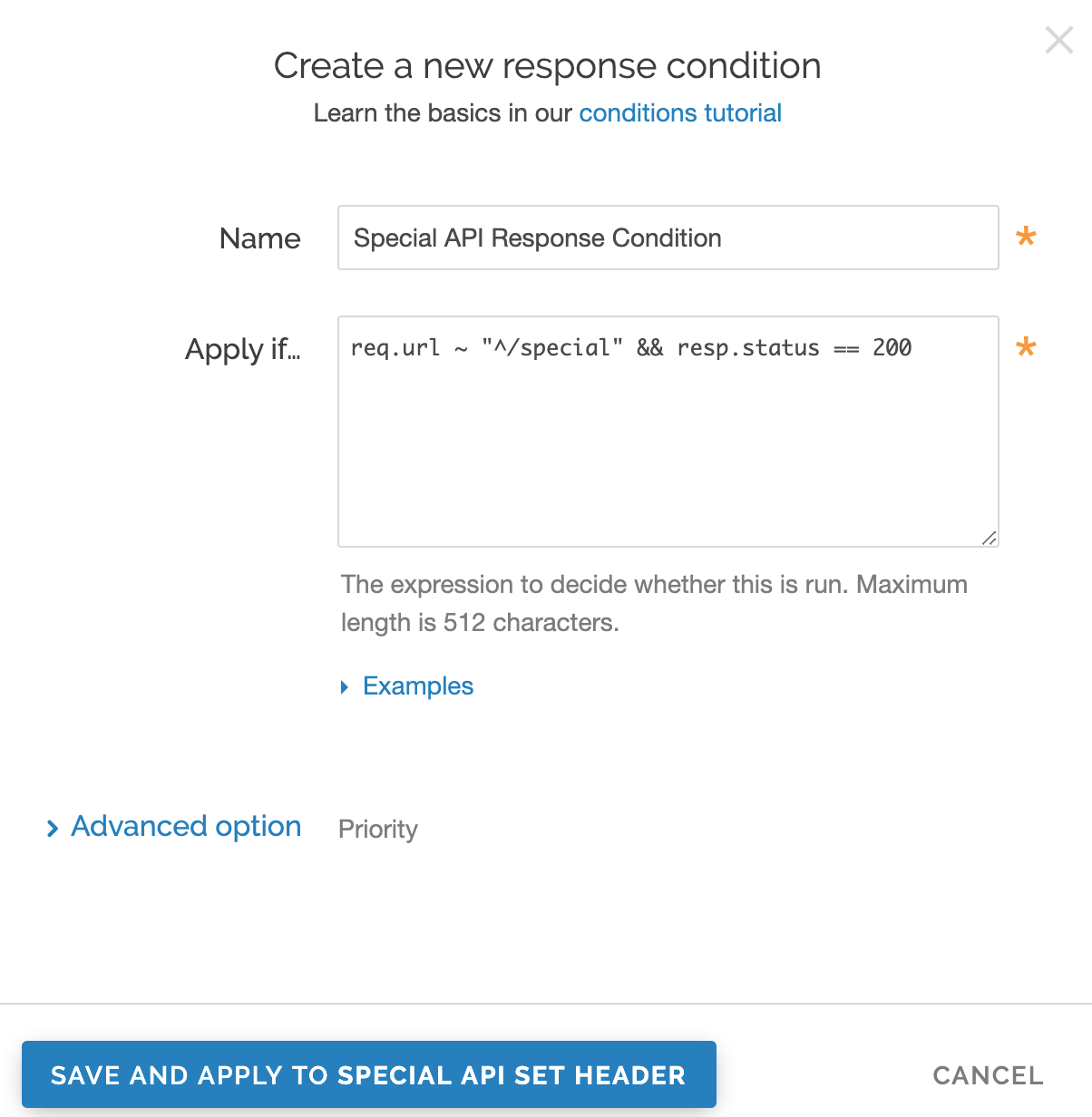 the new condition window that ensures the new header only applied when responses come from the special API 