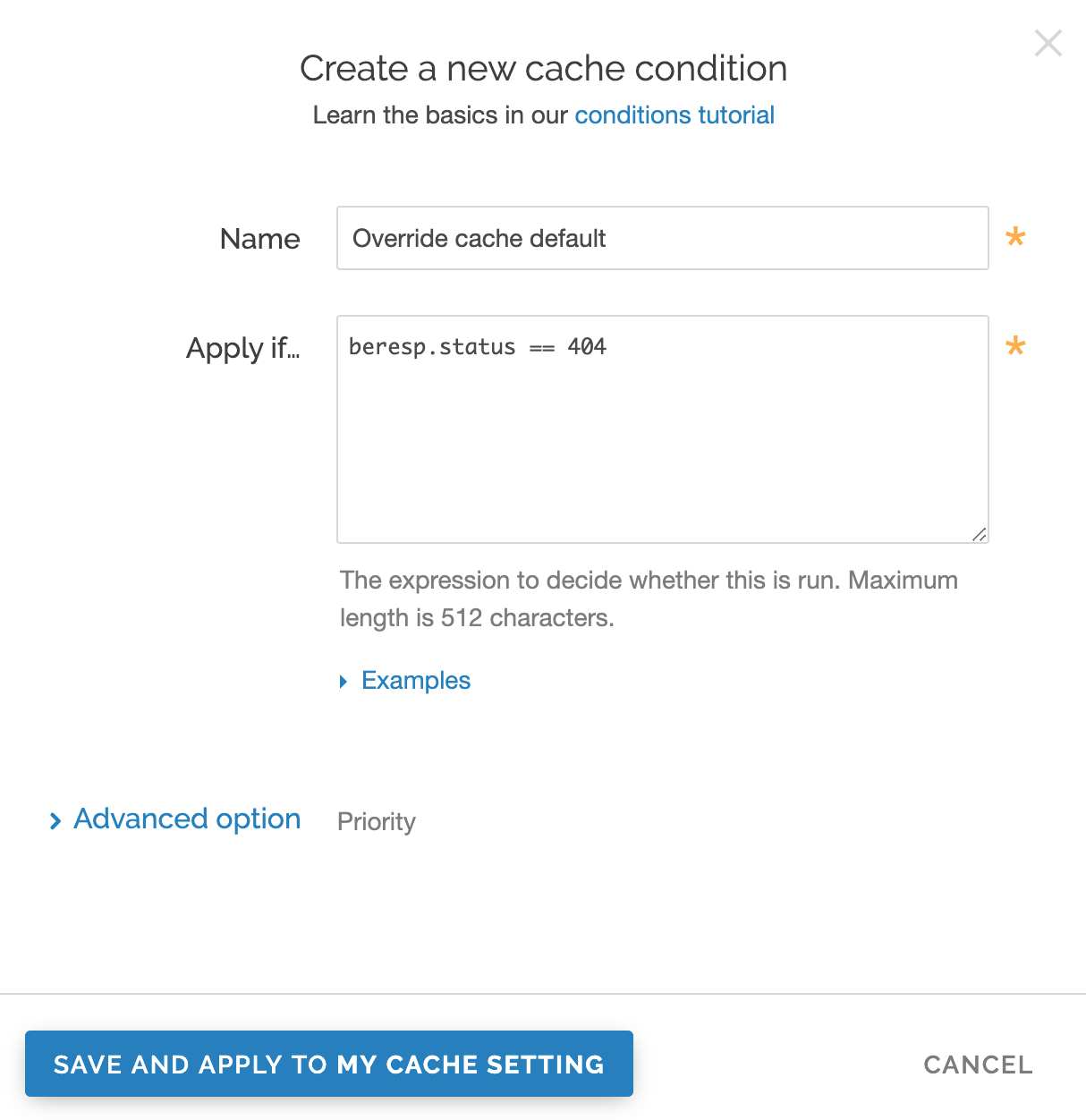 the Create new cache condition page