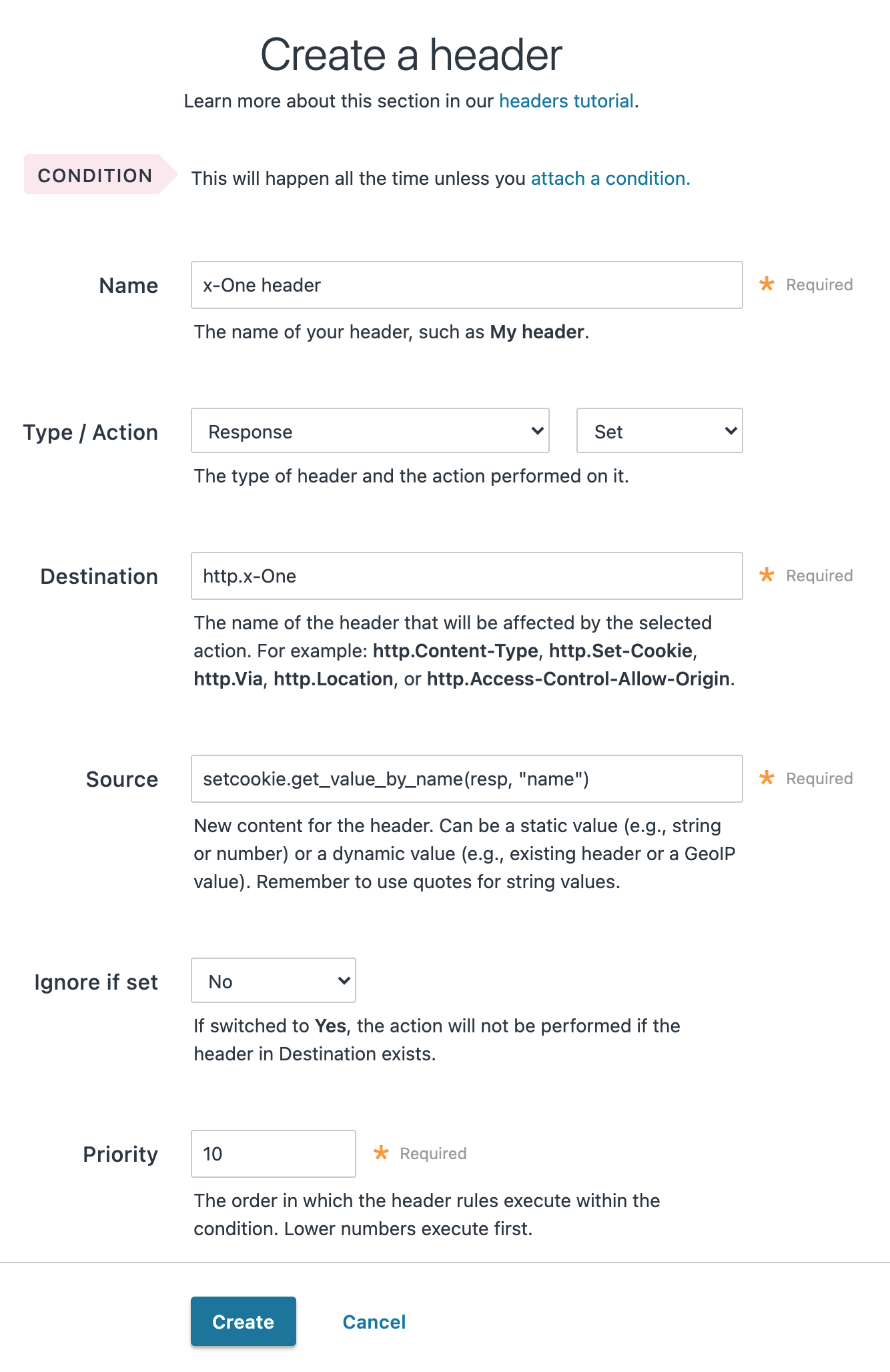 An example of response cookie logic set via a header using the web interface