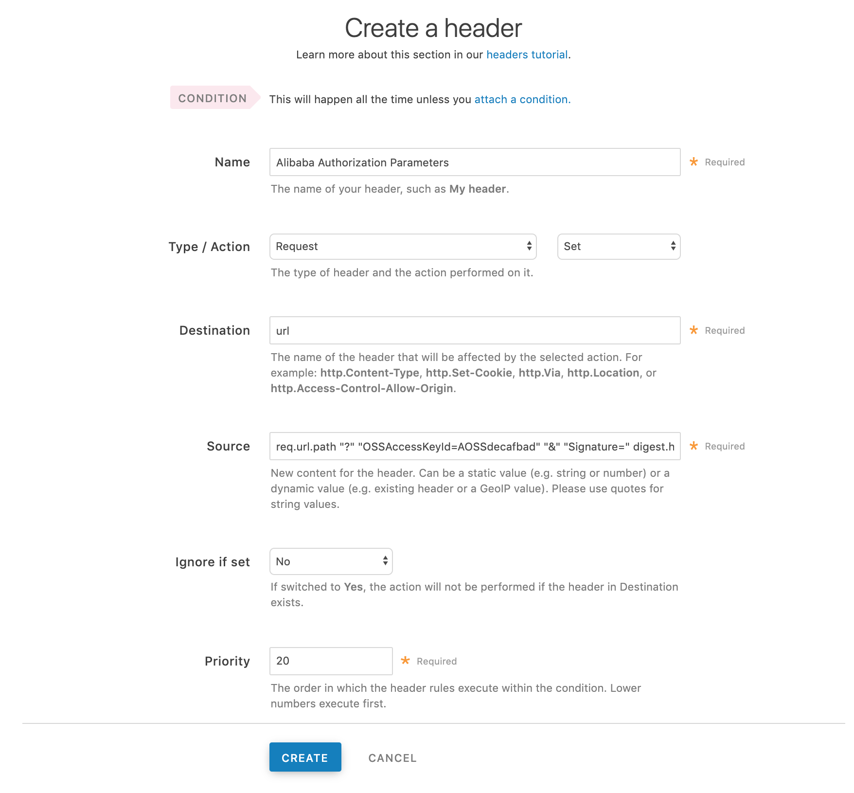 creating an Authorization header via the header page