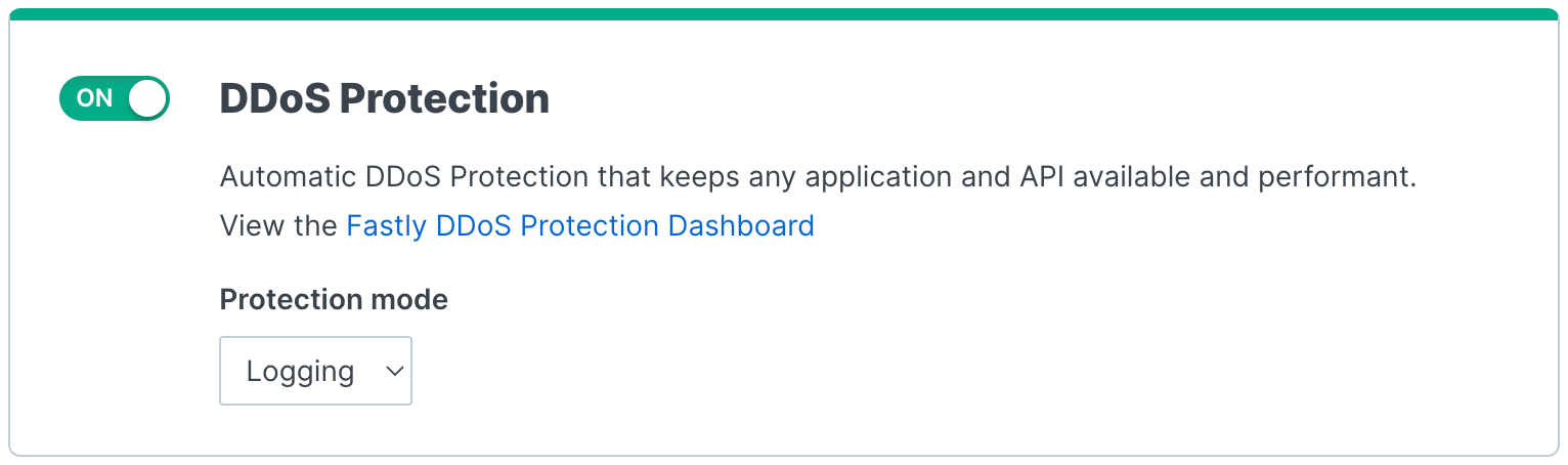 The DDoS Protection settings enabled in logging mode for a service