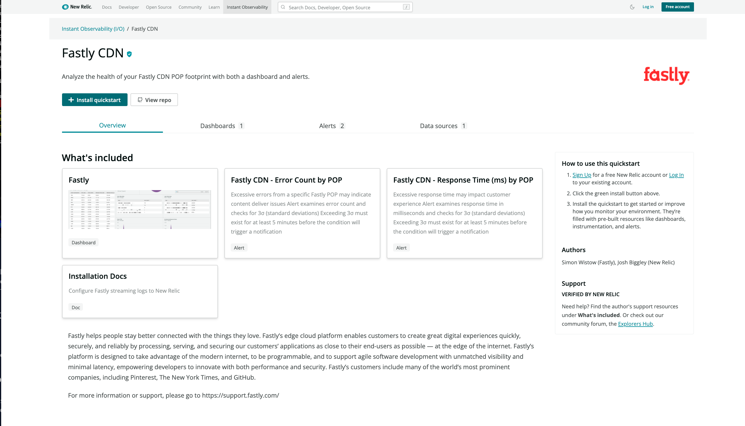 New Relic Fastly Dashboard Page