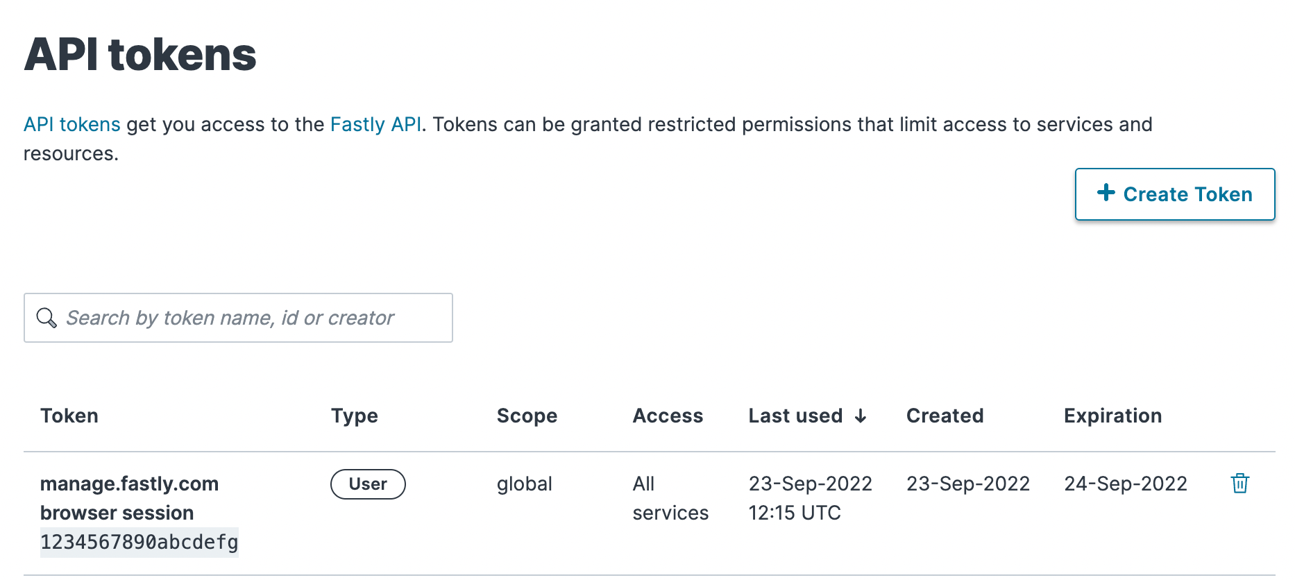 personal user token management page