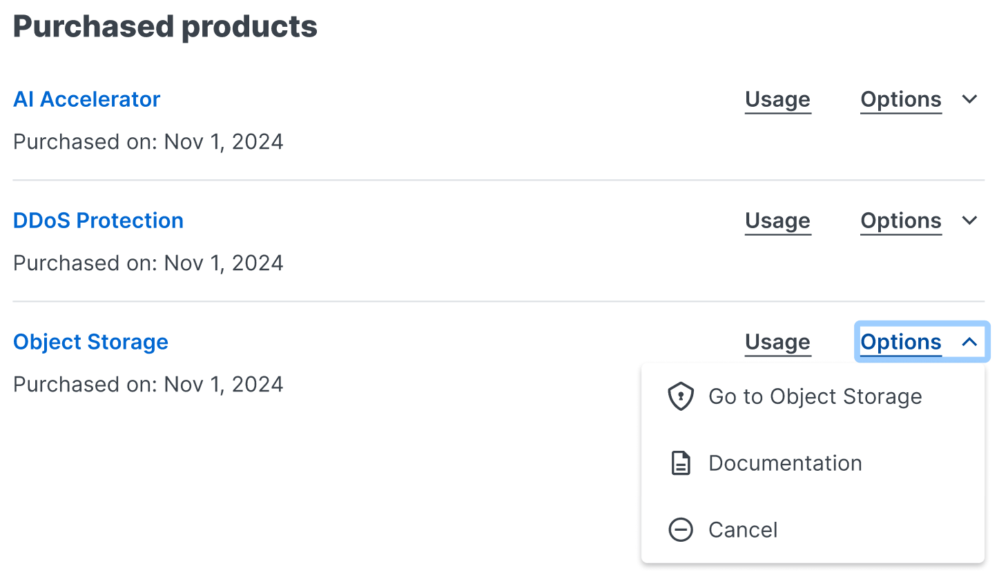 The Purchased products area showing several purchased products for an account as well as links to view usage and access additional information