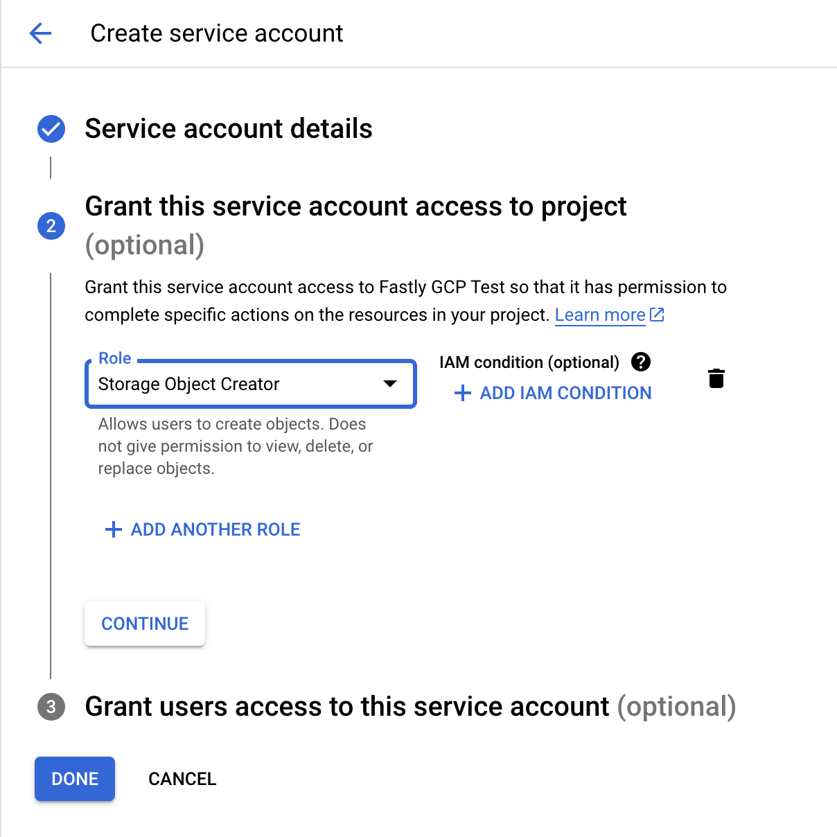 Create service account panel