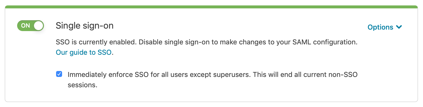 the "Single sign-on" control and the "enforce SSO" control on the single sign-on page in the account settings