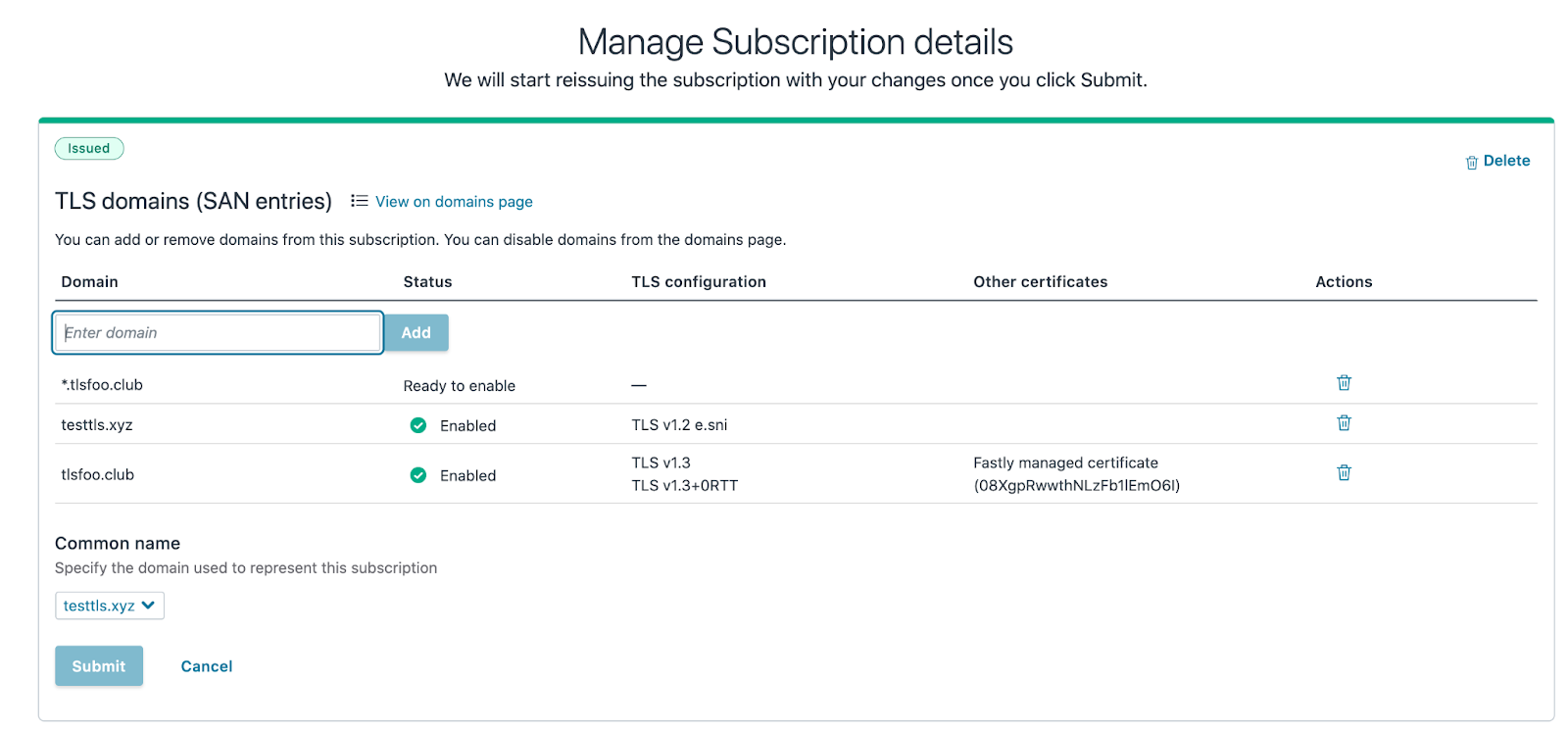 the manage subscription details ページ