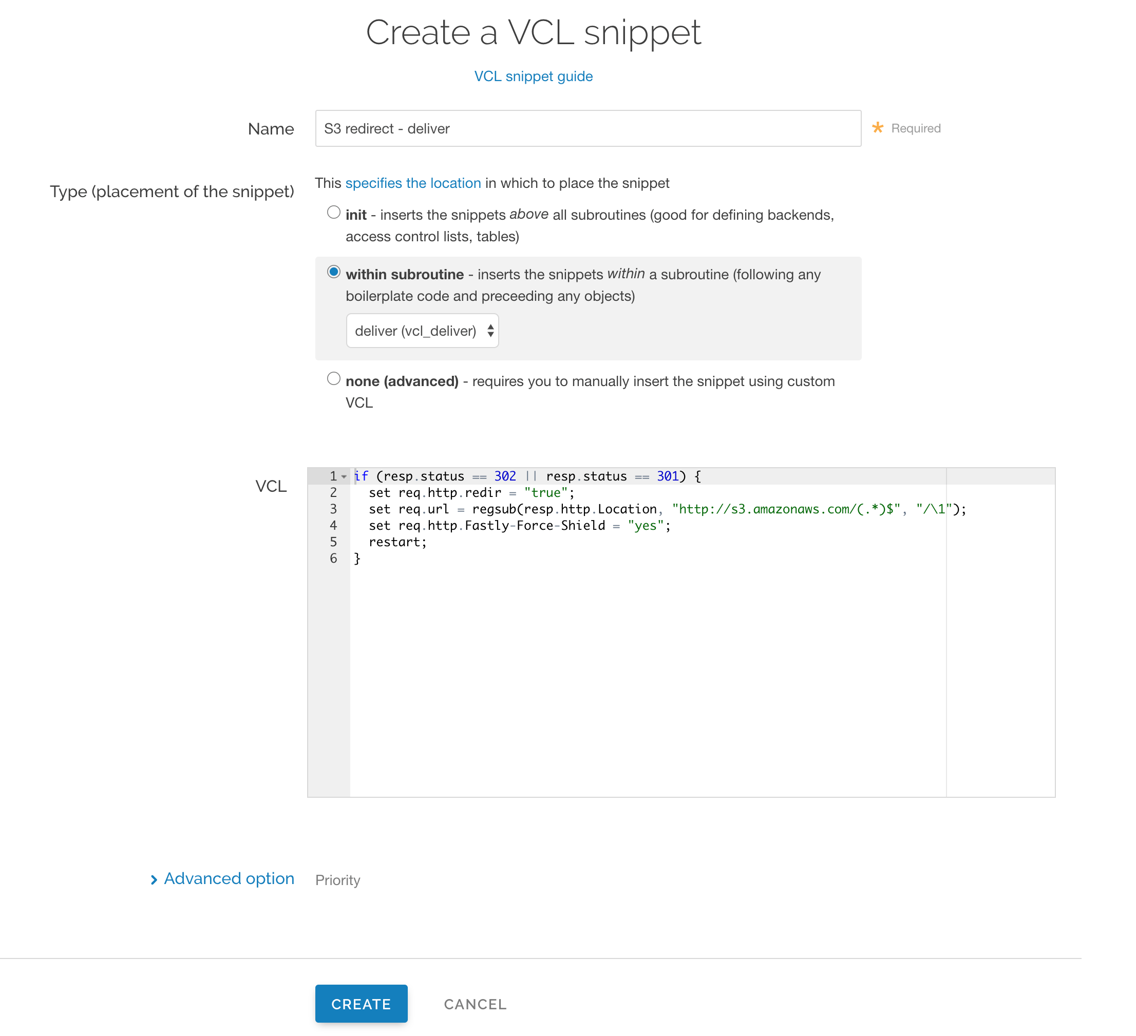 Redirect to S3 redirect via a deliver VCL Snippet