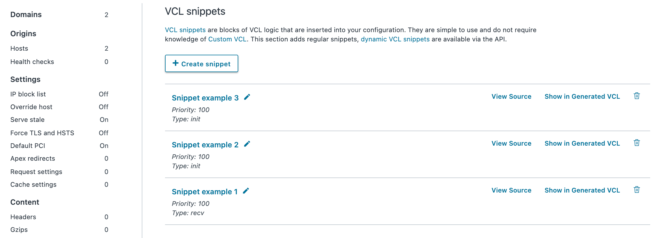 an example listing of VCL snippets attached to a service
