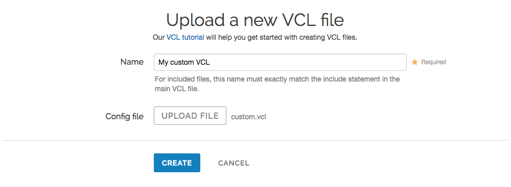 デフォルトの upload a new VCL file ページ