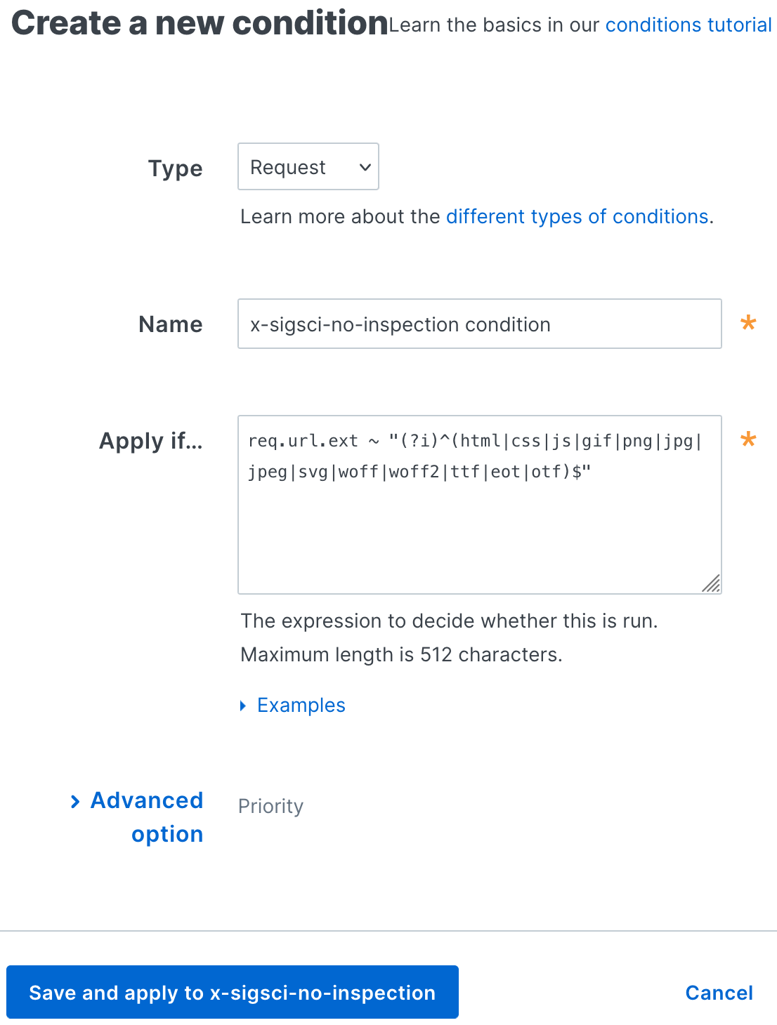 Create request condition for the x-sigsci-no-inspection header