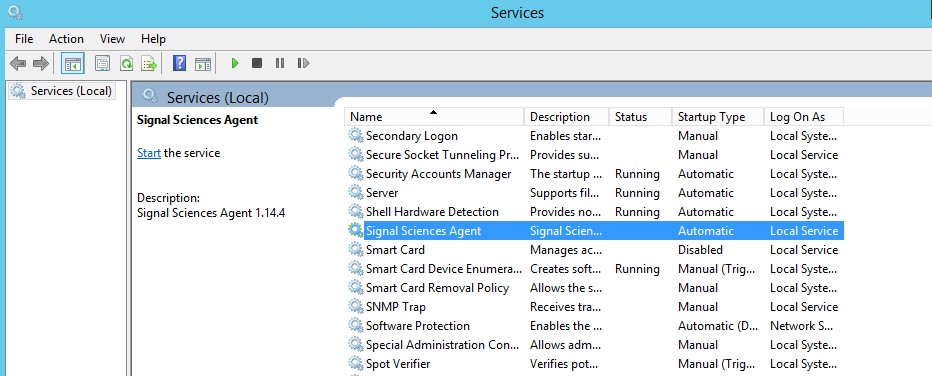 Example 'services.msc' screenshot with the 'Signal Sciences Agent' service highlighted.