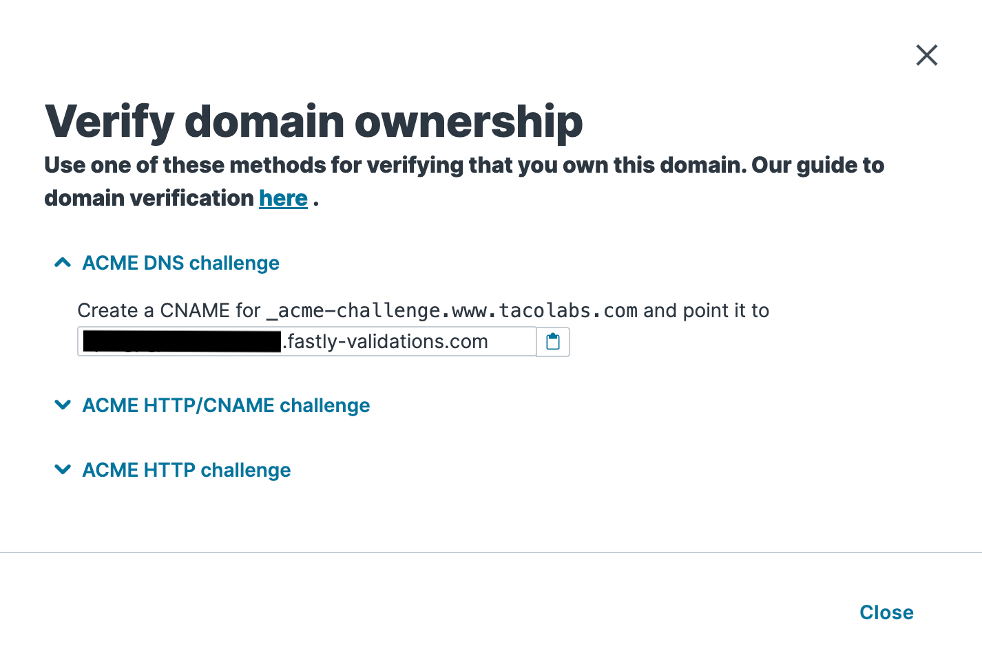 the cname to use for the acme dns challenge when verifying domain ownership